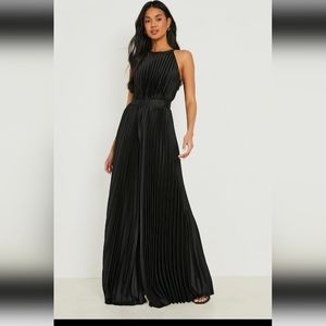 Pleated high neck wide leg jumpsuit